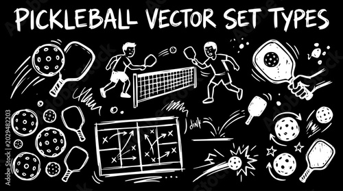 Foto Pickleball Vector Set Types - Black and White Line Art Sports Equipment Icons