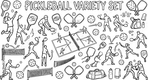 Pickleball Variety Set: Sports Illustrations with Line Art Style and Active Players