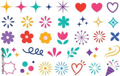 Colorful Cute Doodle Icons Set with Flowers Hearts Sparkles  and Celebration Elements