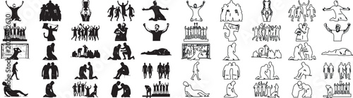 Foto Religious prayer silhouettes and line art icons, 50 worship and spiritual devoti