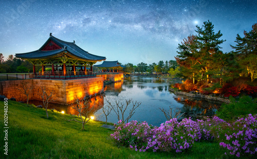 Ancient Donggung palace pavilions reflected in calm lake water under beautiful starry night sky, Wolji Pond with blooming pink flowers, Gyeongju, Korea.