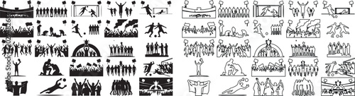Fényképezés Soccer football match icons set, stadium crowd and player silhouette vector coll