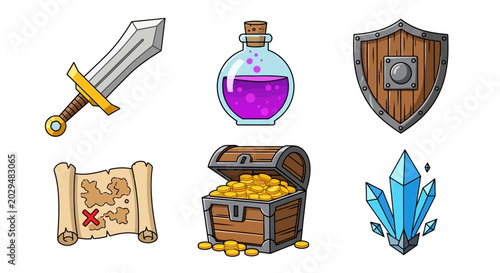 Collection of fantasy game items including sword, potion, shield, treasure map, chest, and crystals.