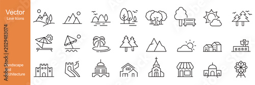 Landscape and Architecture Icons - Vector Line Icons. Editable Stroke. Vector Graphic