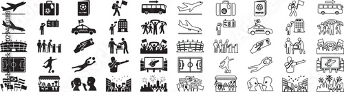 Canvas Print Travel and sports icon set, 50 vector icons in solid and line styles, airport an