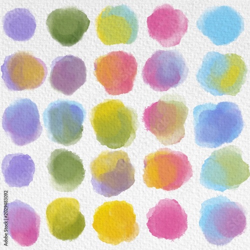 A set of colorful  hand painted watercolor splashes on textured watercolor paper with color gradients