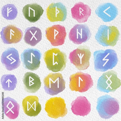 Watercolor hand painted set of white Elder Futhark on textured watercolor paper