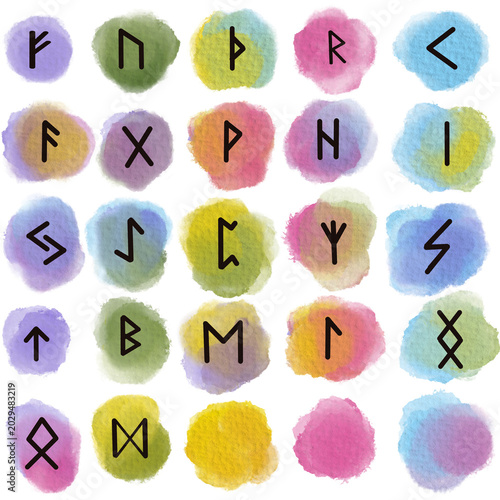 Watercolor hand painted set of black Elder Futhark on textured paper, isolated without background, png