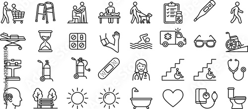Elderly Care and Medical Rehabilitation Icon Set with Healthcare Support Physical Therapy Accessibility Symbols and Hospital Equipment Vector Designs