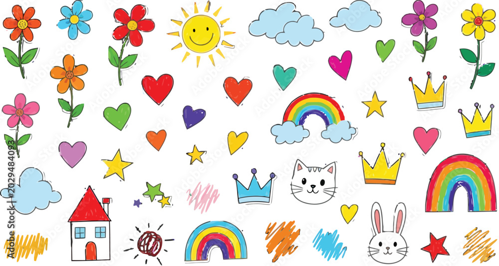 Obraz premium Set of colorful hand drawn doodle elements including flowers, hearts, rainbows, stars, crowns, and cute animals
