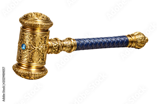 Ornate Golden Judge Gavel with Decorative Engraving and Blue Gemstone Handle Isolated on Transparent Background for Legal, Justice, and Authority Concepts