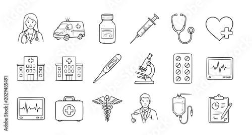 Hand drawn healthcare pencil sketch icon pack vector isolated on white