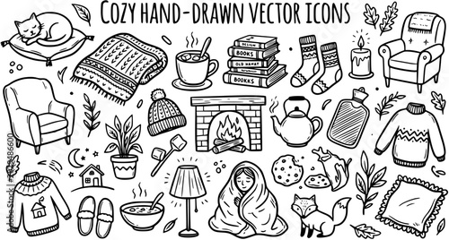 Valokuva Cozy hand-drawn vector icons of winter and home comfort objects, Black and white