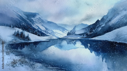 Serene watercolor snow-capped mountains surround a still, reflective winter lake under a cold, snowy sky
