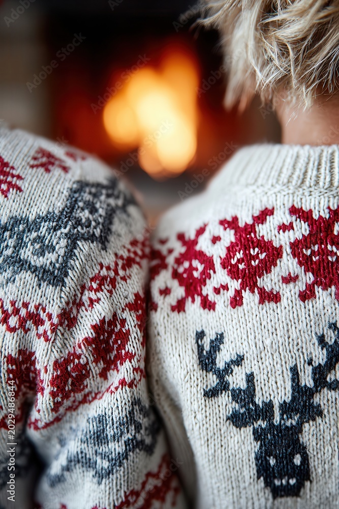 Fototapeta premium Two in matching reindeer sweaters, backs to viewer, gaze at glowing fireplace. light, cozy winter scene. Blonde hair on right shoulder..