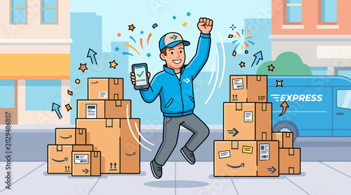 Fotografija Delivery man celebrating with packages.