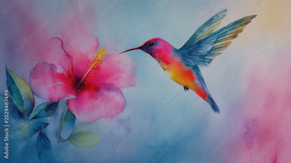 Fototapeta premium A vibrant hummingbird with iridescent wings approaches a blooming hibiscus flower, painted with watercolor techniques in a soft background