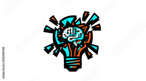 Exploding lightbulb with digital circuit brain representing innovation