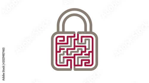 Security padlock with a red and gray maze pattern body