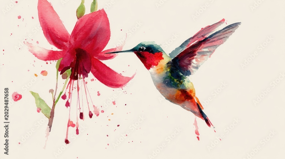 Fototapeta premium Watercolor art of a hummingbird hovering near a vibrant red flower, drinking nectar. Splashes of color add to the whimsical effect