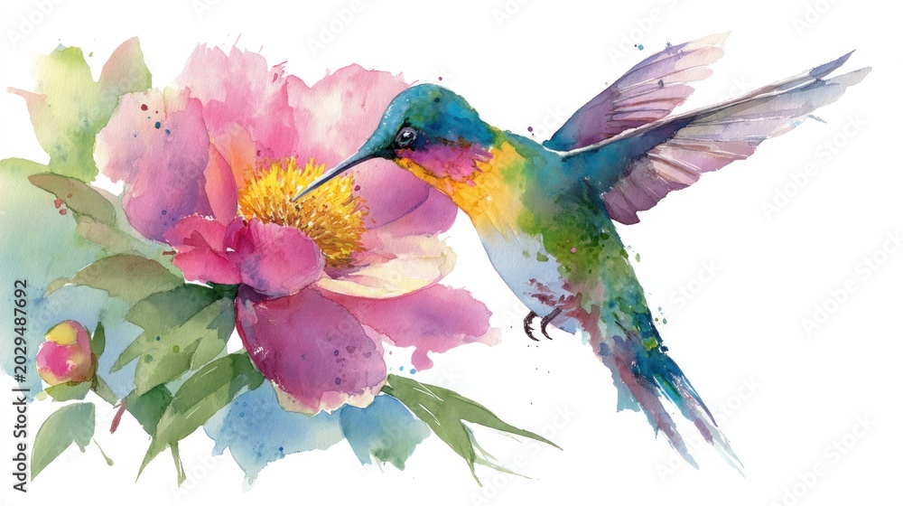Fototapeta premium A watercolor hummingbird, vibrant and colorful, hovers near a pink peony, feeding on the flower. A bright, airy image