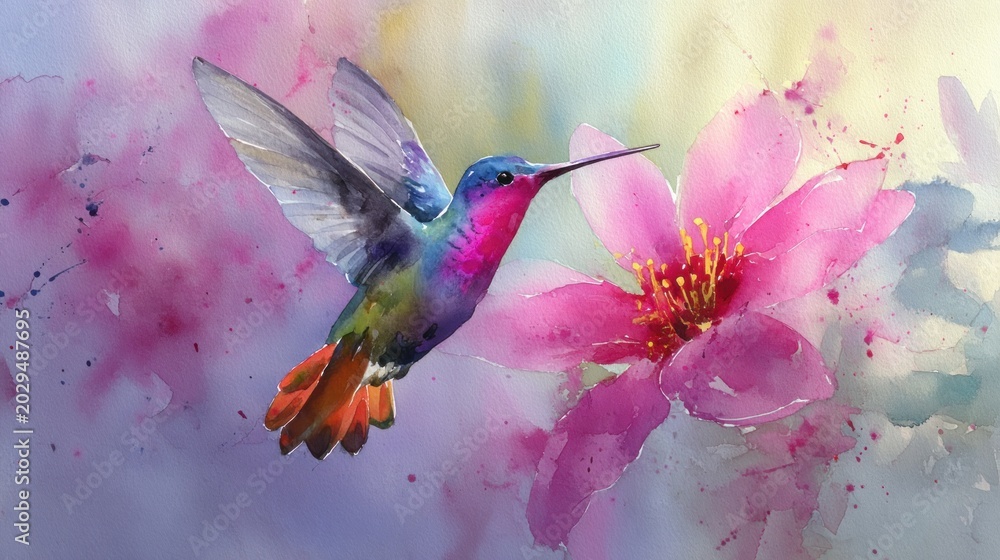Fototapeta premium Hummingbird facing pink flower, watercolor style. Delicate, vibrant