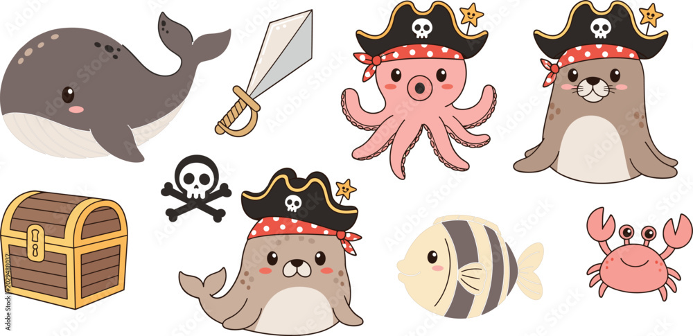 Obraz premium Cute Pirate Sea Animals Set with Seal, Octopus, Whale, Crab, Fish, Treasure Chest, and Skull Crossbones for Kids and Nursery Designs