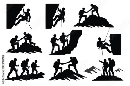 Set of Rock Climbing and Mountain Hiking Silhouettes Featuring Climbers Ascending Steep Cliffs with Rope Support, Partners Helping Each Other, and Groups Trekking to the Summit for Adventure.