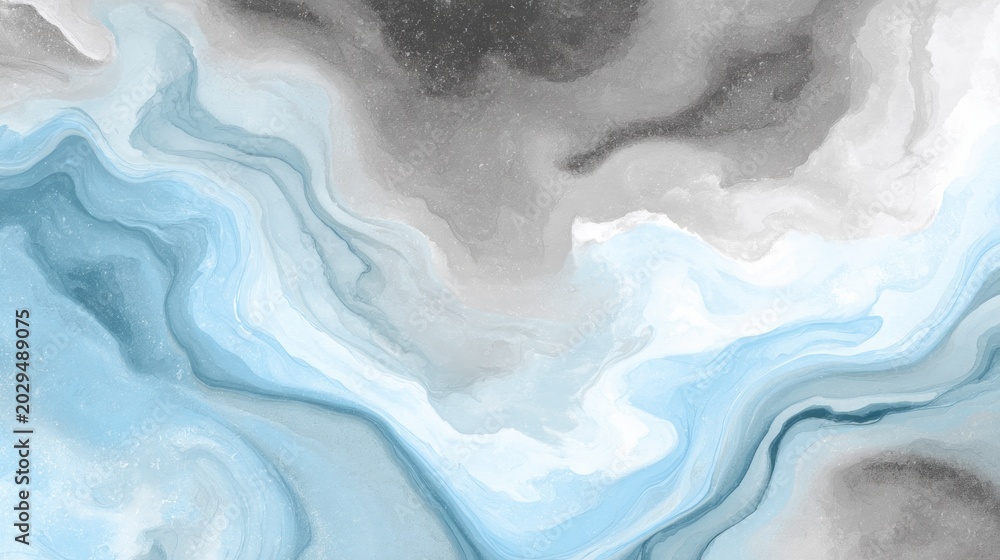 Fototapeta premium Abstract marbling texture, flowing blue, grey, white watercolor patterns, evoking stormy skies or calm water