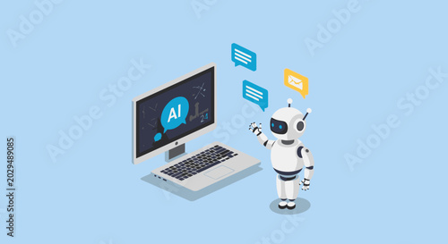 AI robot and computer with chat bubbles, artificial intelligence concept