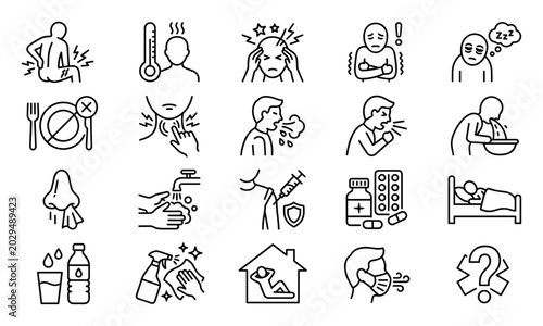 Fotografi Set of 20 line icons representing cold and flu symptoms, prevention methods, tre