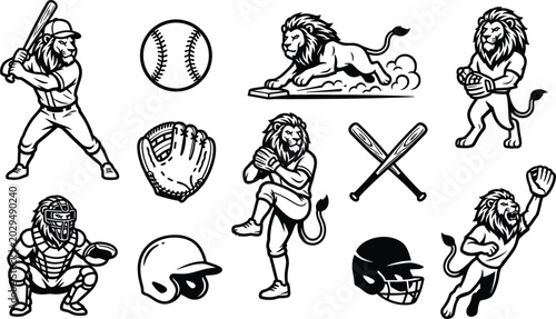 Photos Lion Baseball Player Sports Mascot Icon Set with Bat Ball Glove Helmet and Catch