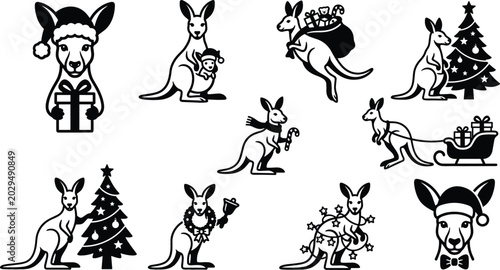 Tableau sur toile Christmas Kangaroo Holiday Character Silhouette Set with Santa Hat Gift Box Slei