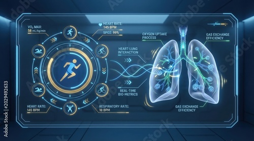 Athlete performance dashboard showing real time heart rate, respiratory rate, spo2 and vo2 max with heart lung interaction visuals for tracking oxygen uptake and exercise efficiency