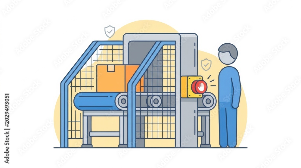 Obraz premium A worker stands by a safety guard at a warehouse, ensuring safety while operating a conveyor belt for package handling and logistics tasks.
