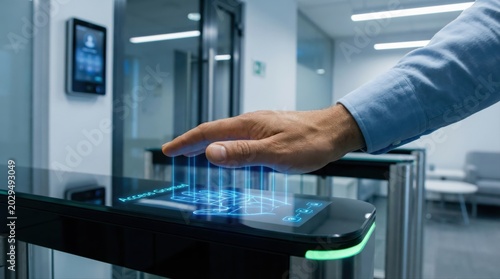 Person's hand interacting with a futuristic palm vein scanner terminal, granting access to an office building using advanced biometric identification technology for cybersecurity and authentication