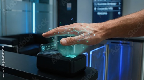 Human hand verifying identity on a futuristic biometric scanner, with access granted displayed, highlighting modern security technology and digital authentication processes