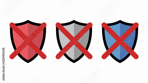 Foto shield icons with red cross marks flat vector illustration on white background