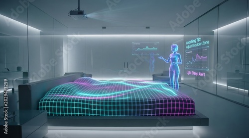 Futuristic bedroom with a smart bed projecting a pressure point grid and a holographic ai assistant displaying sleep tracking, health analytics, and personalized coaching tips