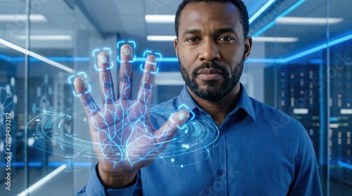 Businessman interacts with a holographic biometric interface showing neural network patterns and fingerprint scanning, symbolizing advanced data security and identity authentication technology