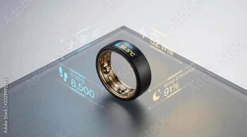 Smart ring featuring advanced wearable technology, continuously monitoring biometric data and displaying key metrics like body temperature, steps, heart rate variability, and sleep efficiency