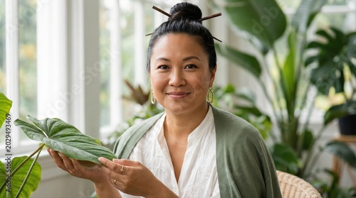 Mature asian woman smiling as she inspects a large houseplant leaf, surrounded by lush indoor greenery in a bright, tranquil home setting focused on plant care and wellness