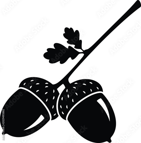 Black silhouette illustration of two acorns hanging on a small oak twig with leaves