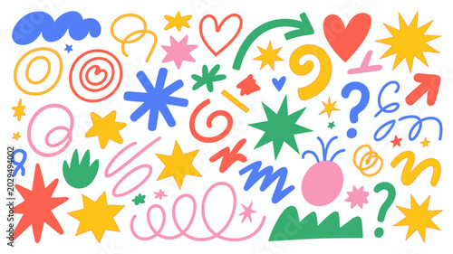 Colorful hand drawn doodle shapes and objects on a white background playful illustration