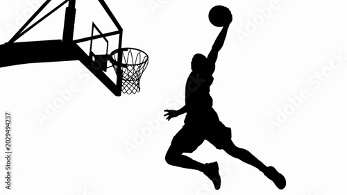 Foto basketball player silhouette dunking on hoop with net against white background