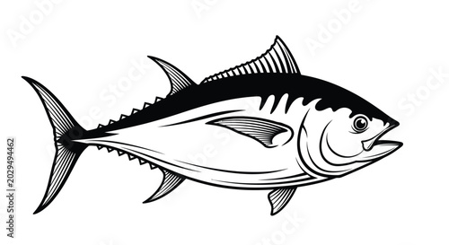 Фотография Black and white tuna illustration side view detailed line art