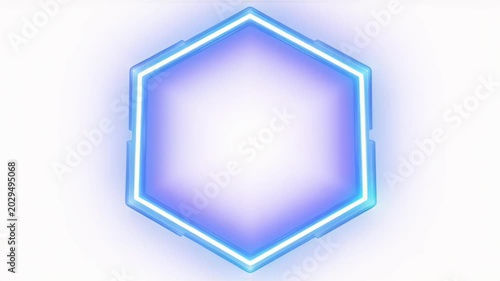 Glowing neon hexagon geometric light emblem with blue glow and abstract design.