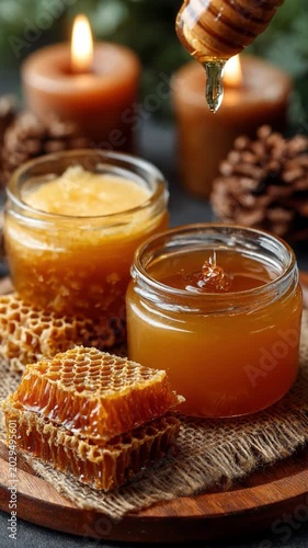 Liquid Gold and Sweet Delights: Two jars of golden honey and honeycomb sit on a rustic wooden board, illuminated by the warm glow of candles, creating an atmosphere of cozy indulgence.
