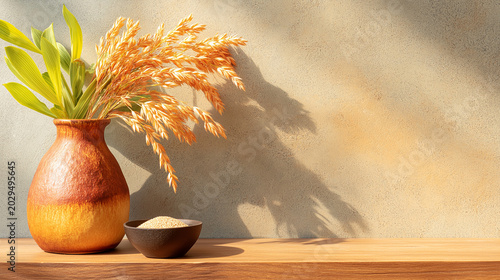 Dried wheat stalks and green leaves in ceramic vase on wooden shelf
