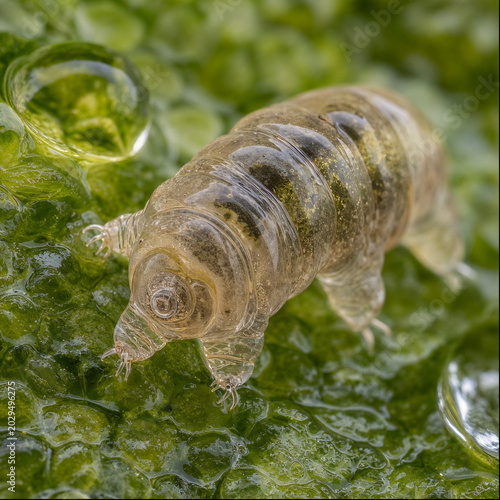 Microscopic tardigrade water bear on green moss